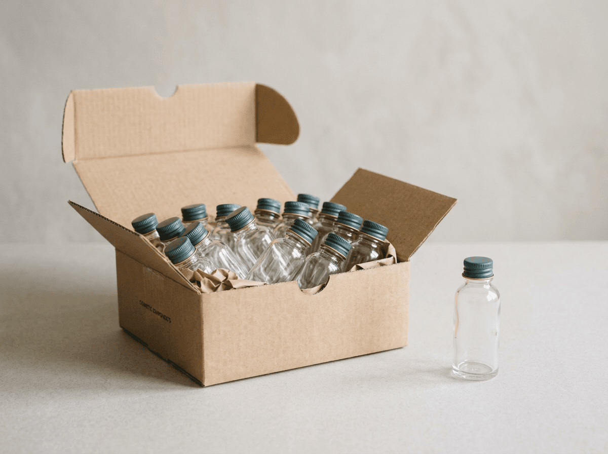 A cardboard carton packed with clear glass bottles decorated with copper bands, ready to ship
